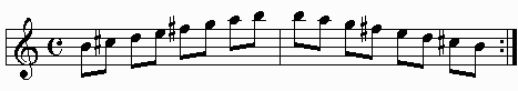 B minor scale on staff gif