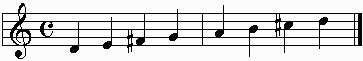 D major scale on the staff.  Quarter notes.  One octave ascending.