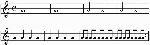 Common time with whole, half, quarter and eighth notes.
